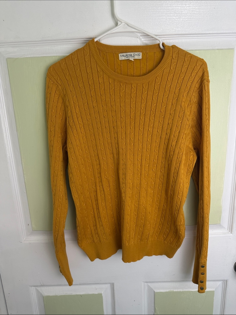 Masque Chic Cable-Knit Crewneck Sweater in Mustard